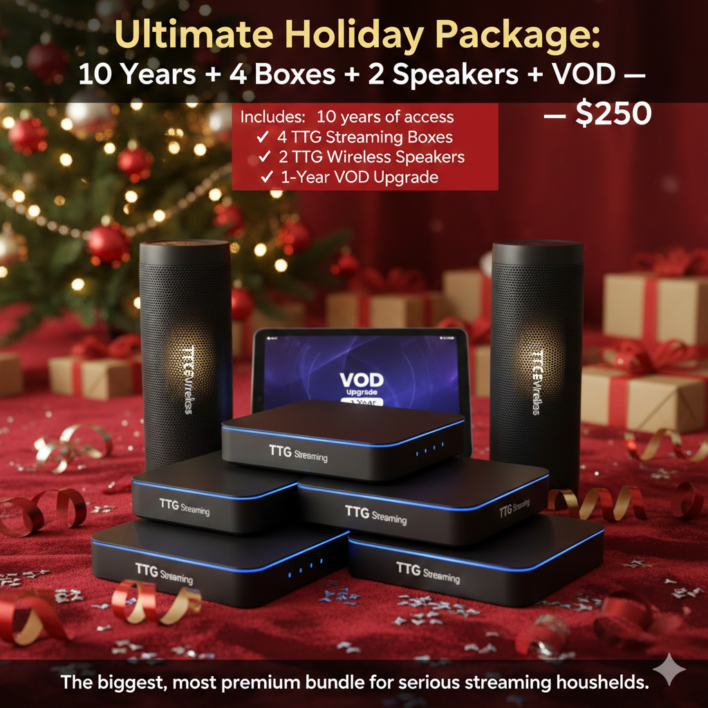 Ultimate Holiday Package: 10 Years + 4 Boxes + 2 Speakers + VOD — $250