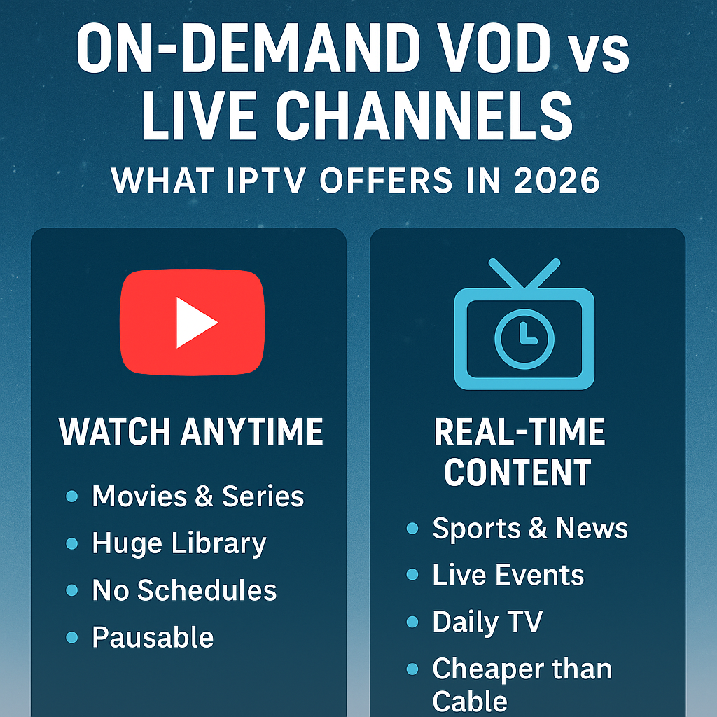 🎬 On-Demand VOD vs Live Channels: What IPTV Offers in 2026